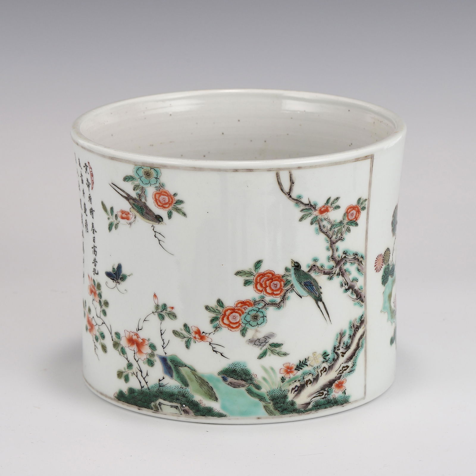 QING FAMILLE ROSE BIRD & FLOWERS BRUSH POT (1 of 10)