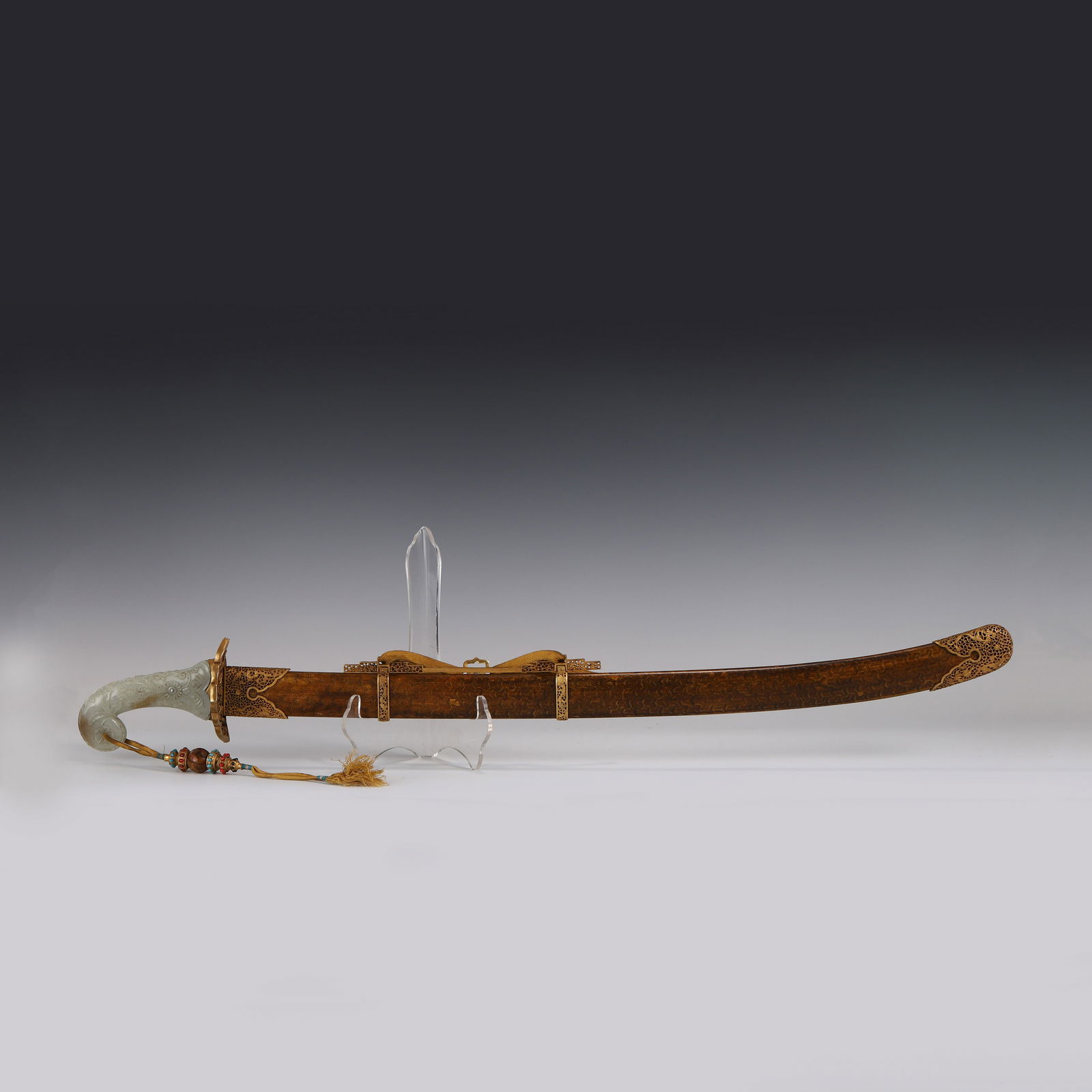 JADE HILT GILT BRONZE PEACH BARK CEREMONIAL SWORD (1 of 11)