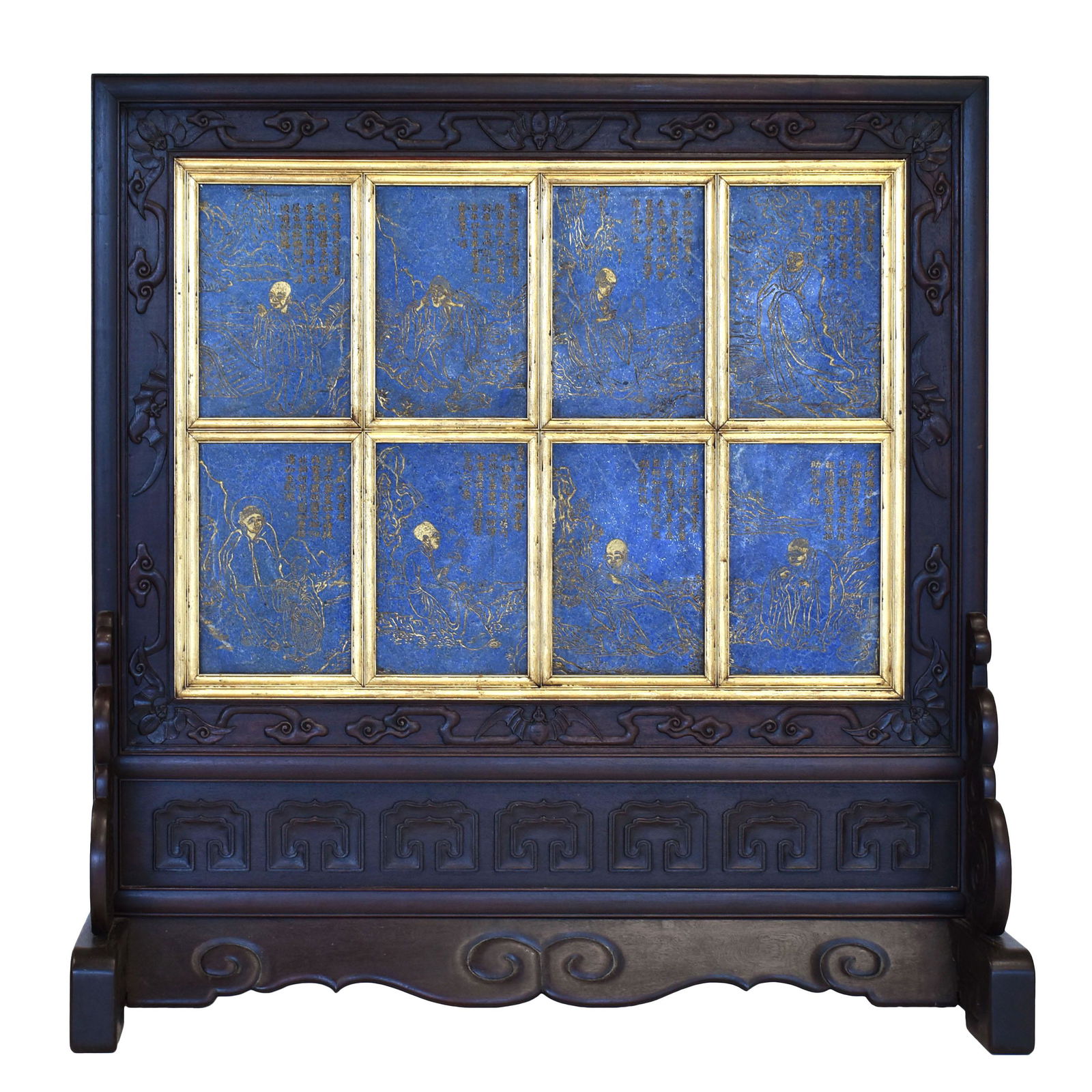 LAPIS LAZULI PLAQUES GILT 16 LUOHAN TABLE SCREEN (1 of 19)