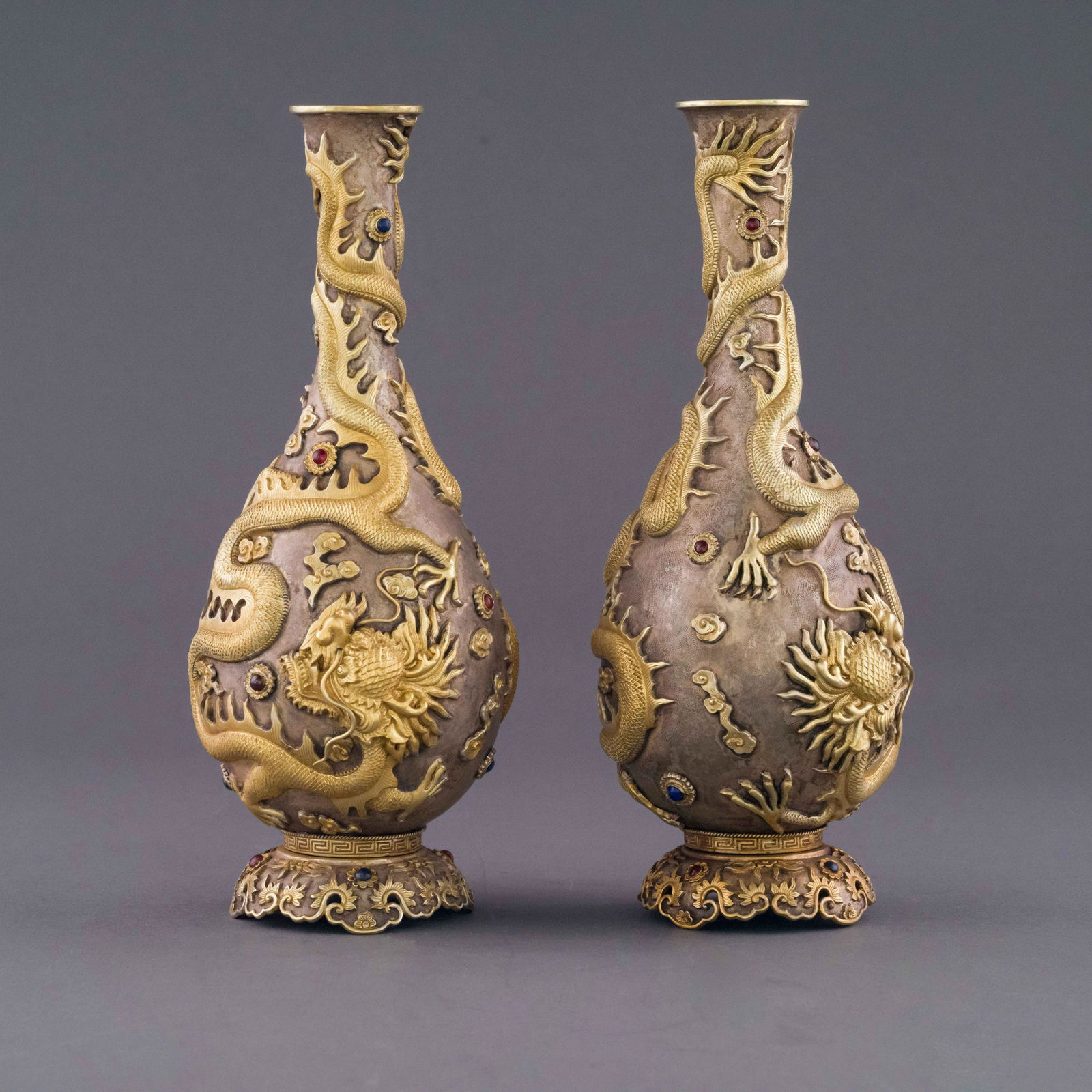QING GILT SILVER INLAID DRAGON BOTTLE (1 of 6)