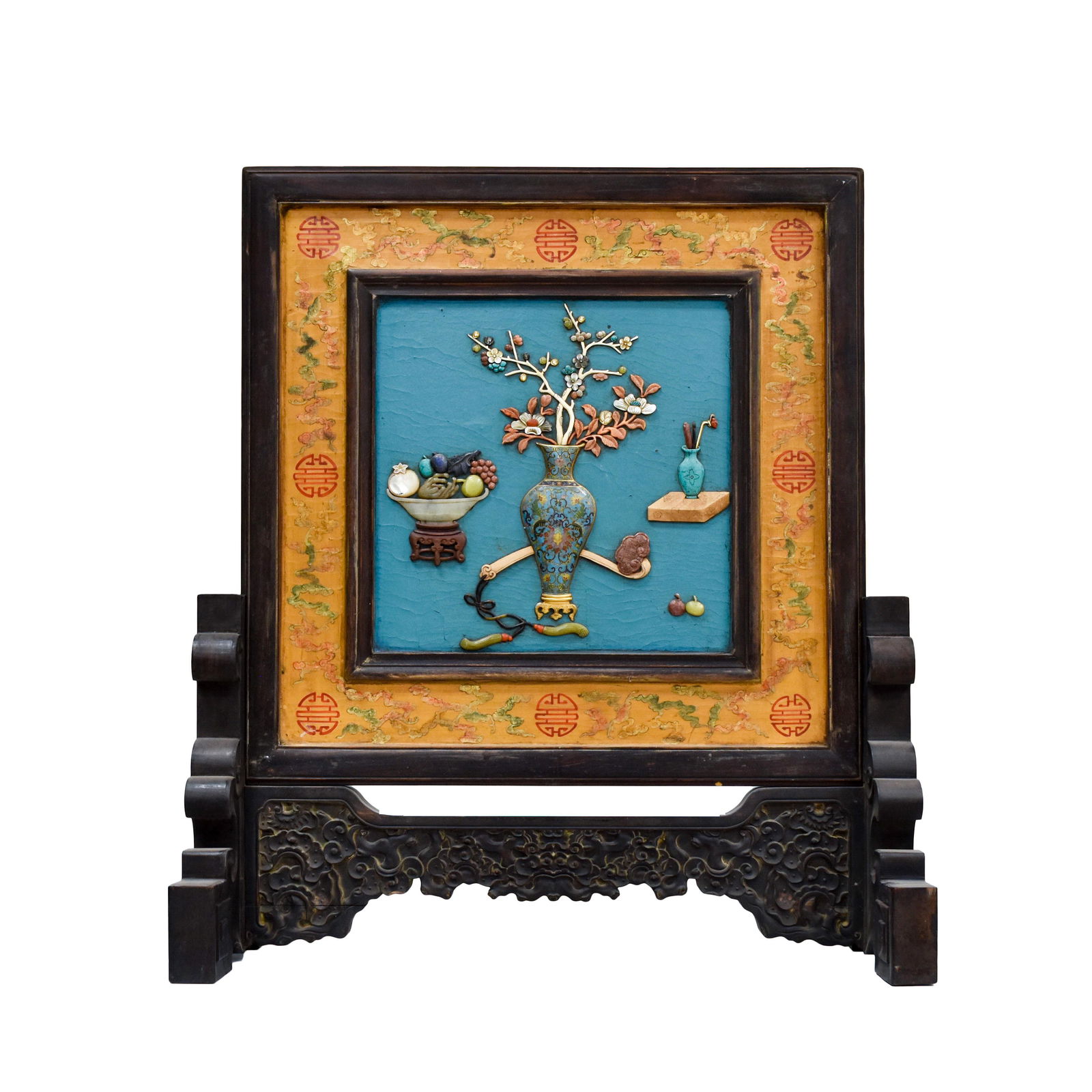 CLOISONNE & STONES INLAID LACQUERED TABLE SCREEN (1 of 11)