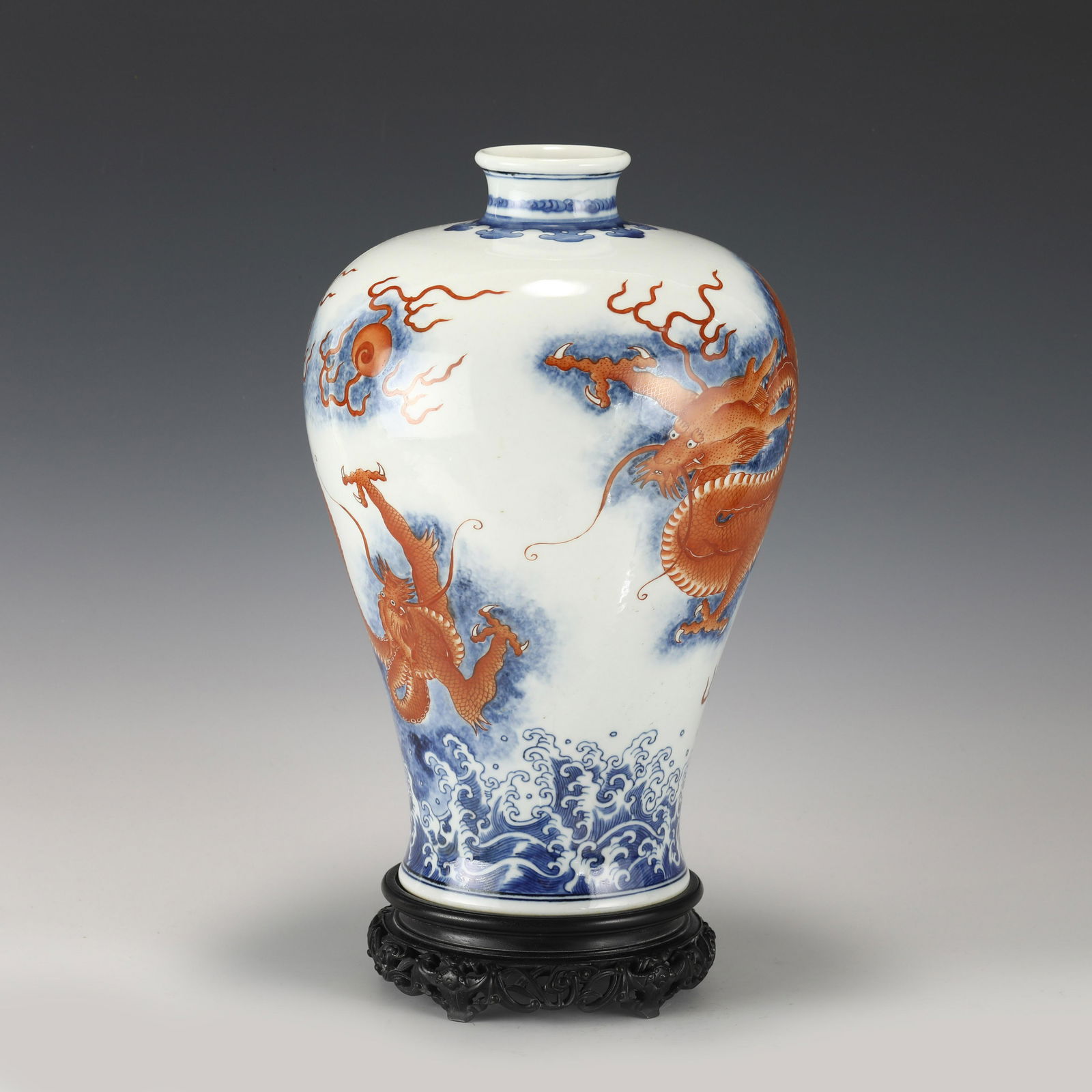 QIANLONG BLUE AND WHITE RED DRAGON MEIPING JAR ON STAND (1 of 10)