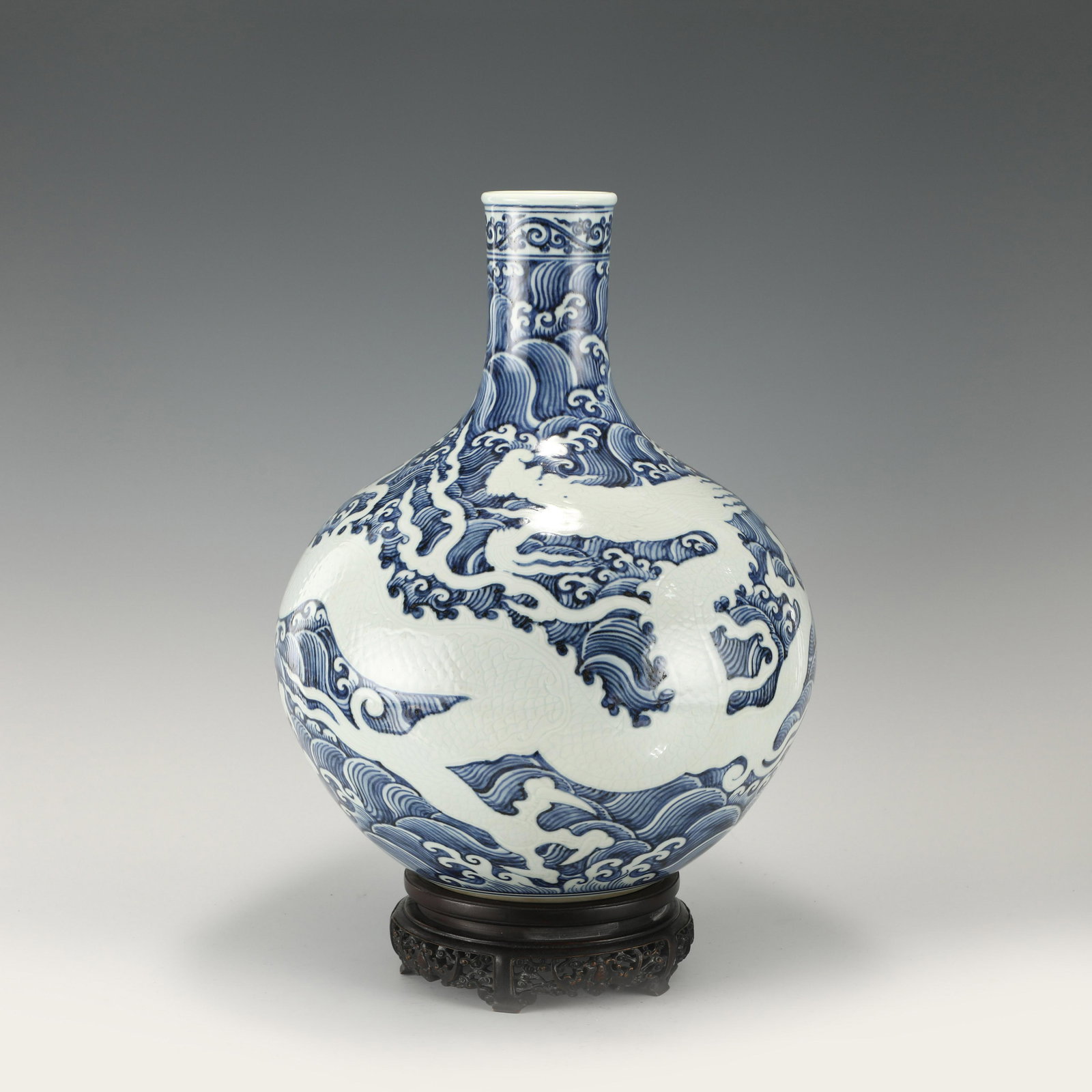 MING BLUE AND WHITE DRAGON CELESTIAL BOTTLE ON STAND (1 of 10)