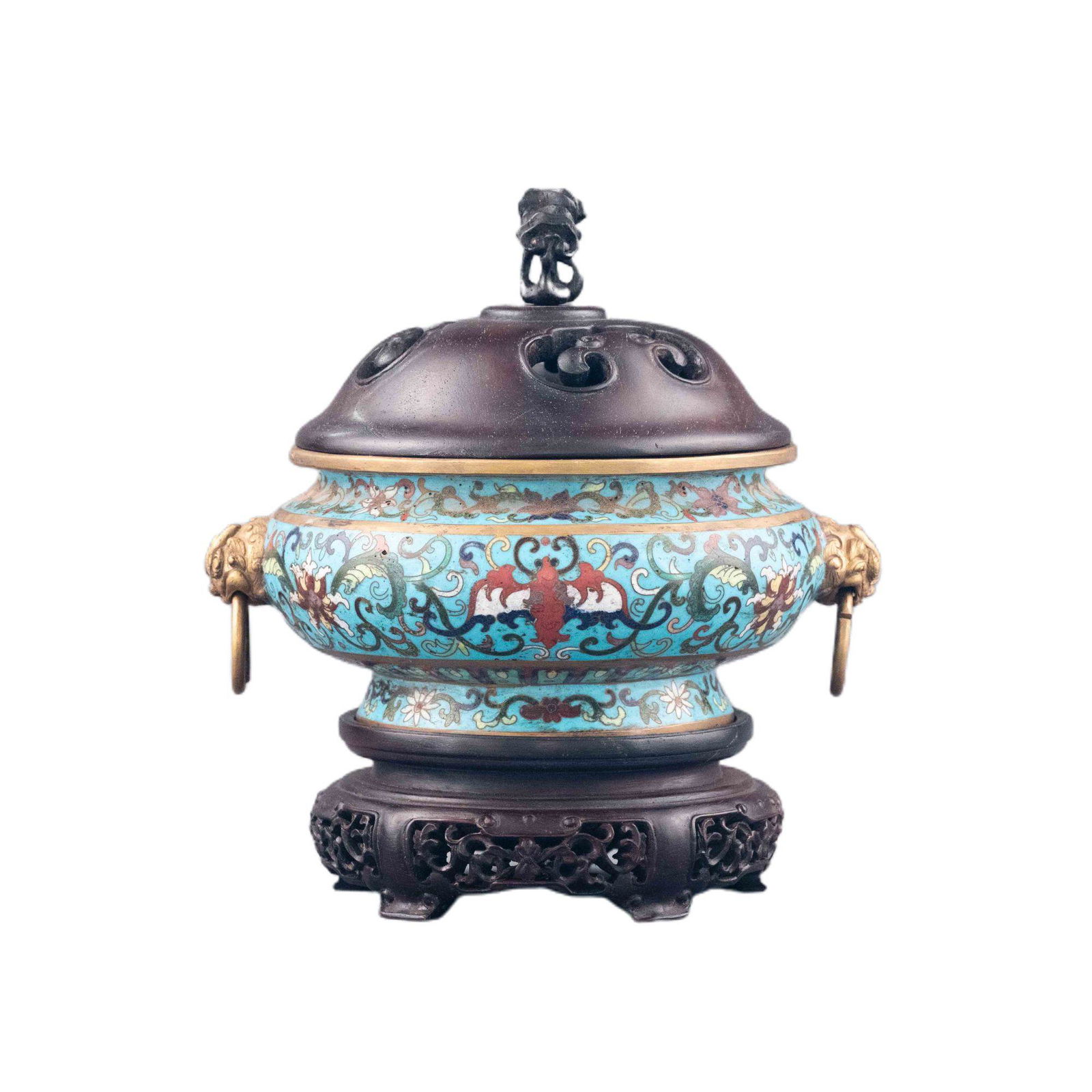 QING GILT BRONZE CLOISONNE LIDDED CENSER ON STAND (1 of 6)