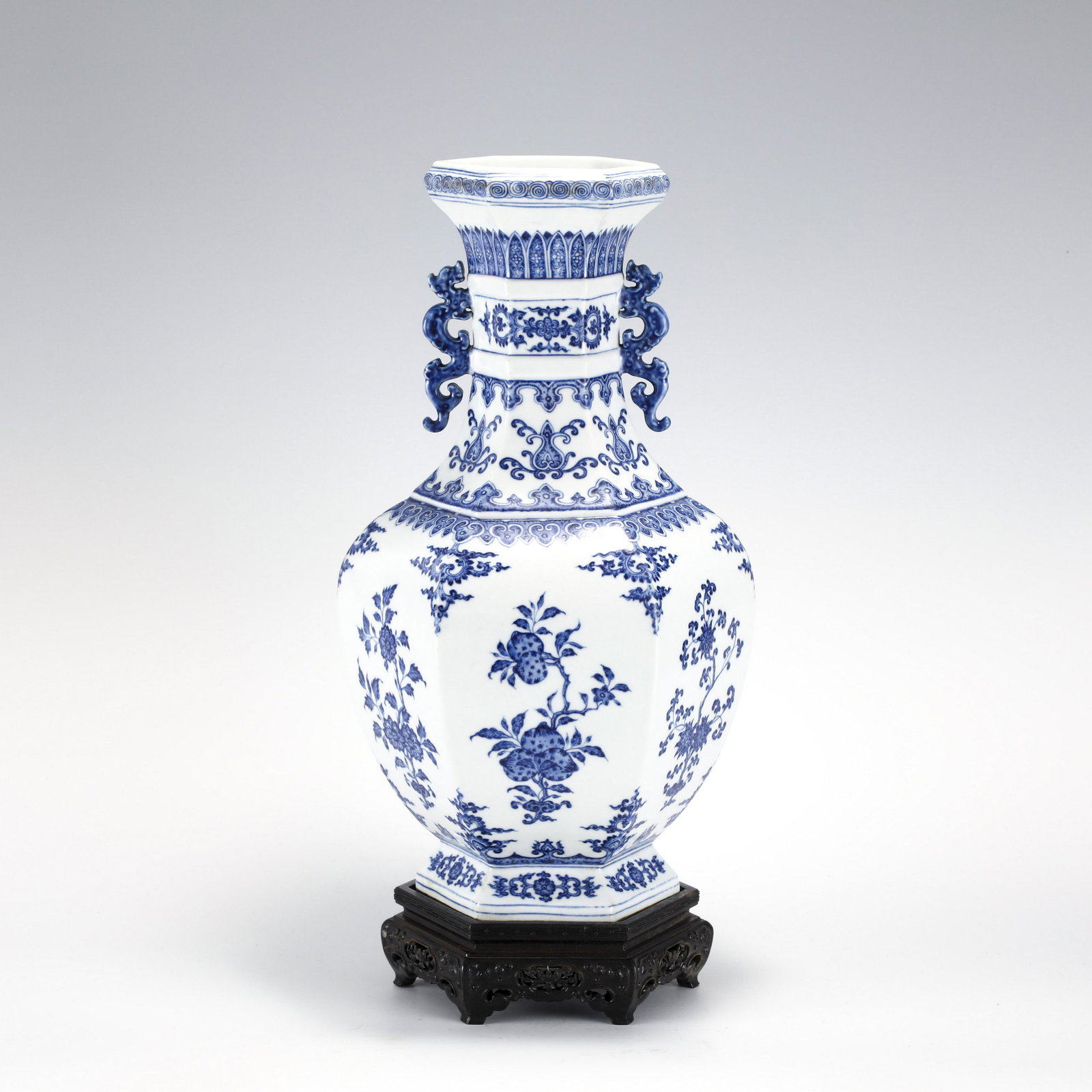 QIANLONG BLUE & WHITE SIX SQUARE VASE ON STAND (1 of 10)