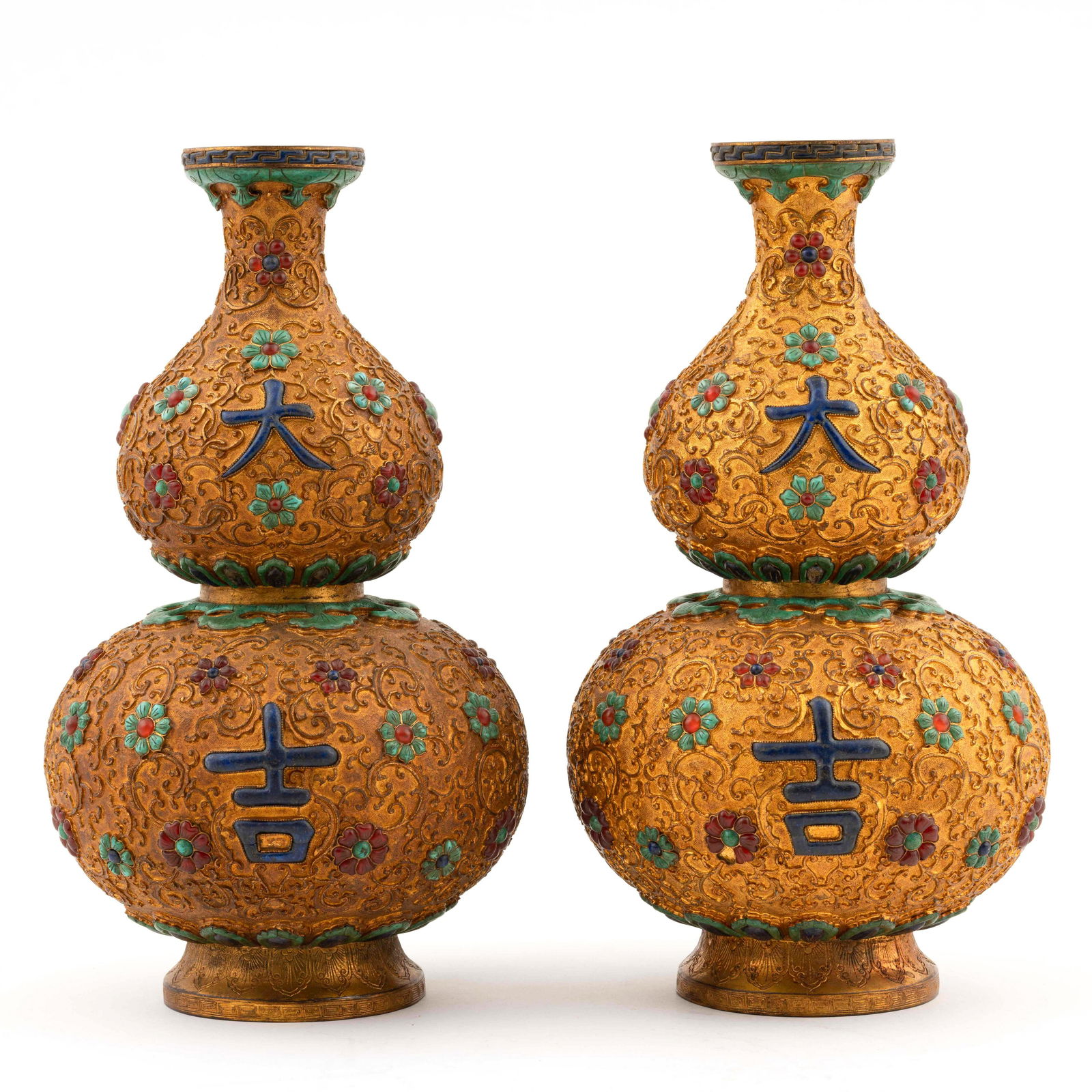 PAIR GILT BRONZE & STONES INLAID DAJI DOUBLE GOURD VASE (1 of 7)