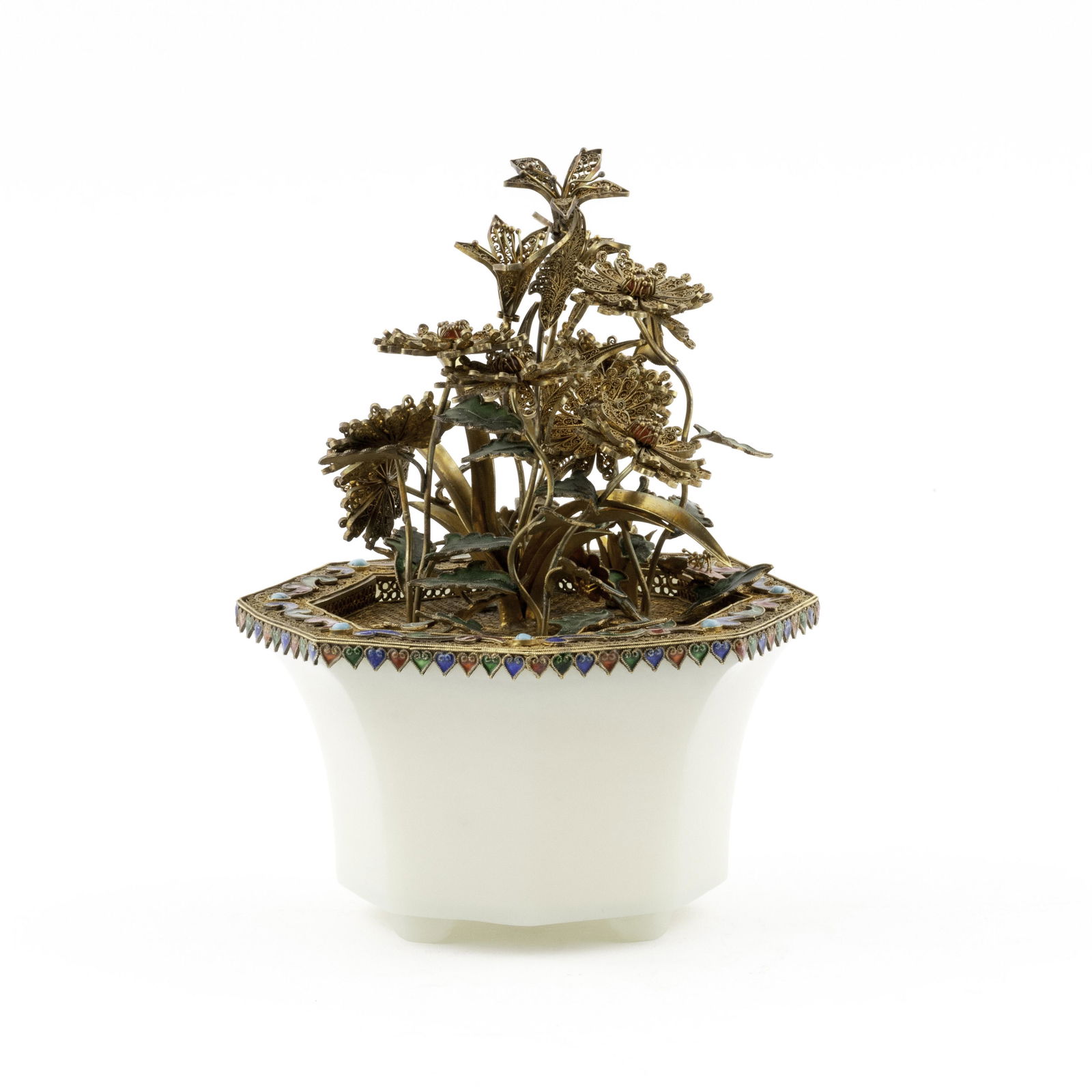 GILT SILVER FILIGREE ENAMELED JADE FLOWERS POT (1 of 7)