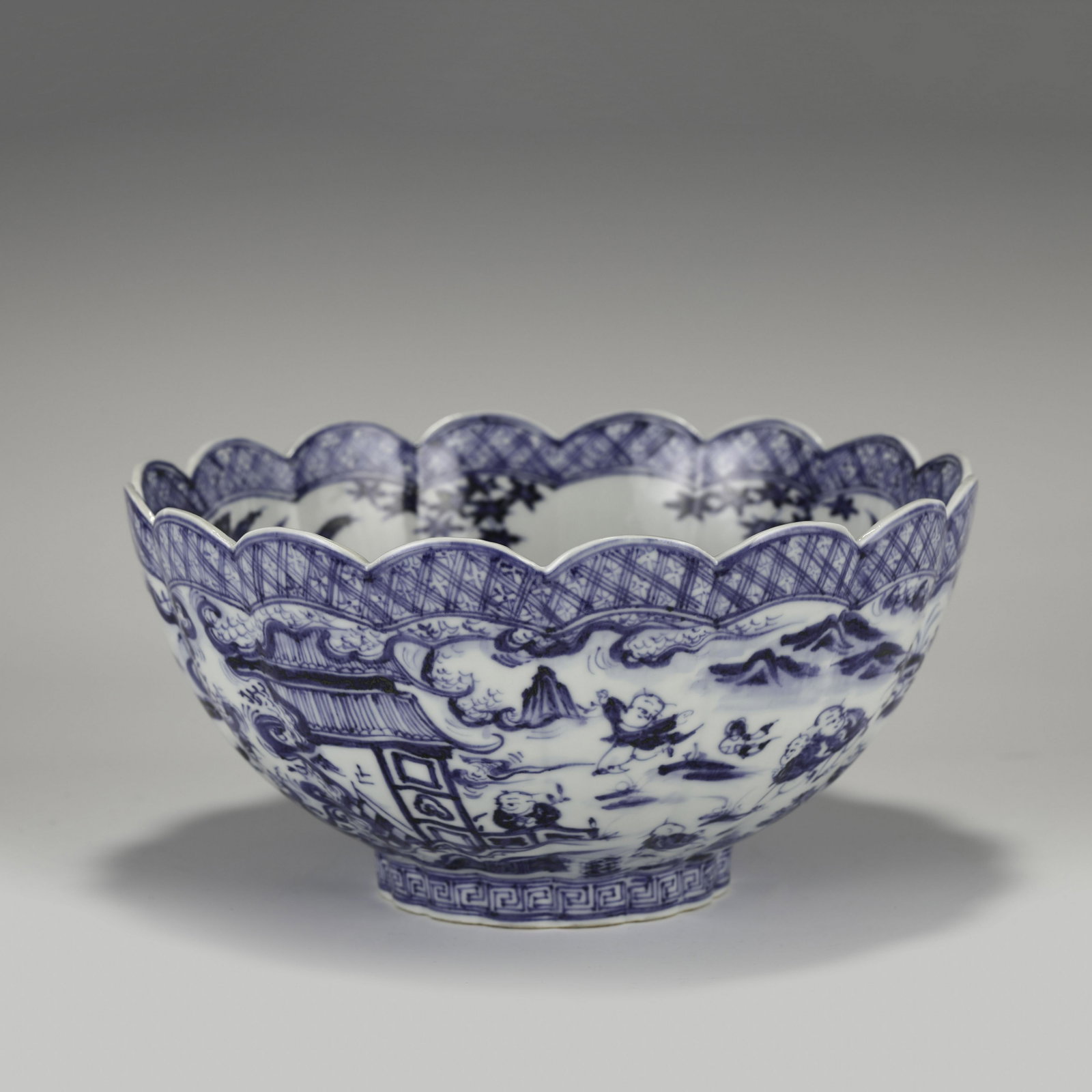 MING XUANDE BLUE & WHITE HUNDRED BOYS BOWL: PROVENANCE: From St Matthew, Kentucky, Private Collectors. Measurements: Width: 23cm, Height: 12cm Chinese Ming Dynasty Xuande Blue and White Children Porcelain Bowl. The porcelain potted with a shall