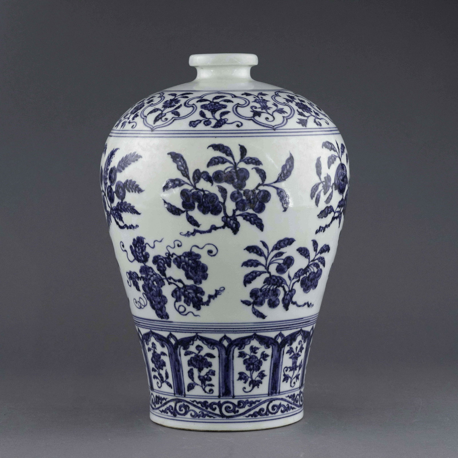 MING BLUE AND WHITE FRUIT ABUNDANT MEIPING JAR: Measurements: 14.625in H x 9.75in W x 9.75in D Lustrous, Chinese Ming Dynasty Period, blue and white fruit abundant Meiping jar. The porcelain shaped into a traditional Meiping form, thick potted, wit