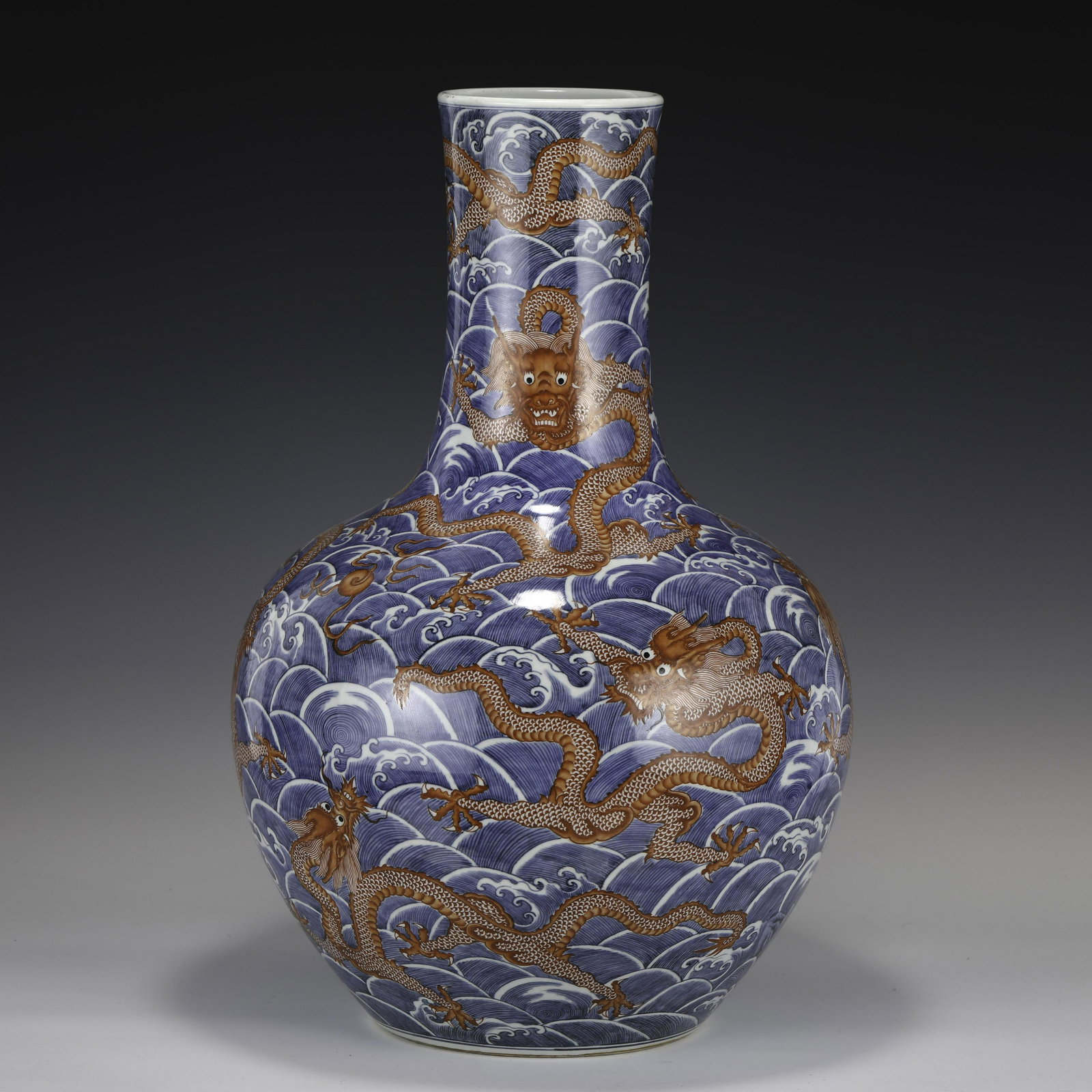 QING BLUE & WHITE ALUM RED DRAGON CELESTIAL VASE (1 of 10)