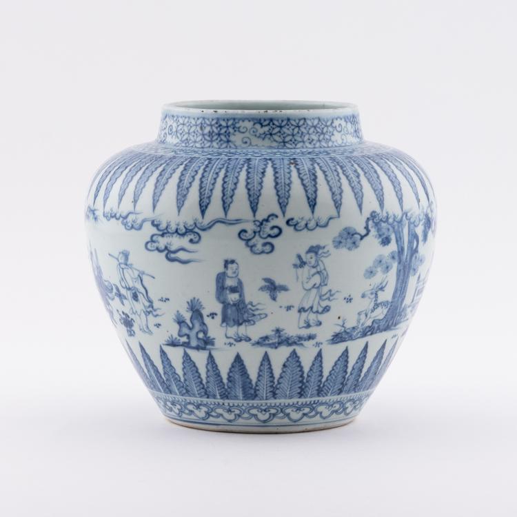 MING BLUE & WHITE FIGURINAL PORCELAIN JAR: Measurements: Height: 9" Width/Length: 9.5" Diameter/Depth: 9.5" Chinese Ming Dynasty period blue and white figurines porcelain Jar. Potted in large cylinder vessel, jar shape, having thick and tall p