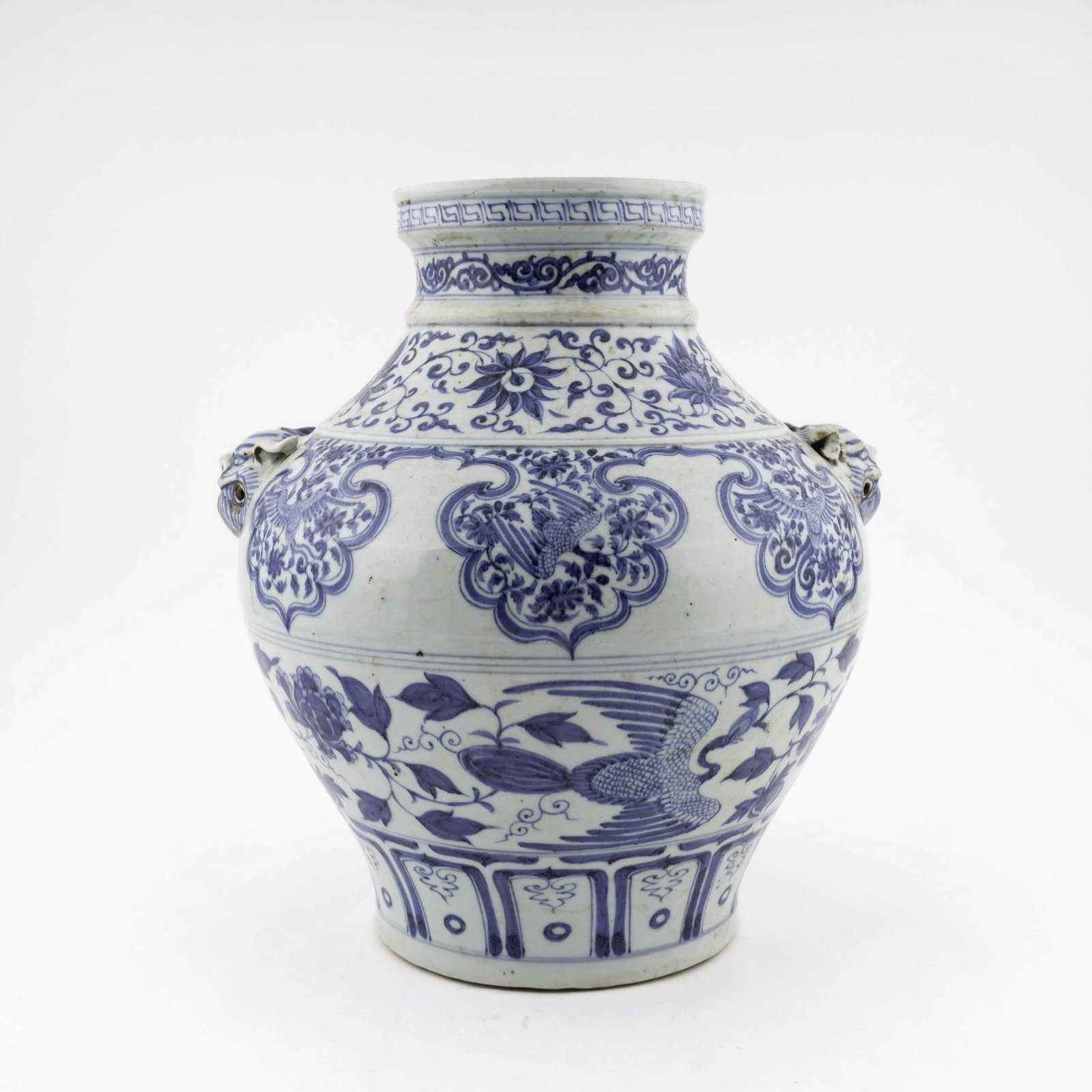 YUAN BLUE & WHITE PORCELAIN JAR: Measurements: Height: 38.7" Diameter: 35" Chinese 12th Yuan Dynasty blue and white porcelain jar. Sturdily potted in a baluster jar, has a tall feminine silhouette with broad shoulders and a body that