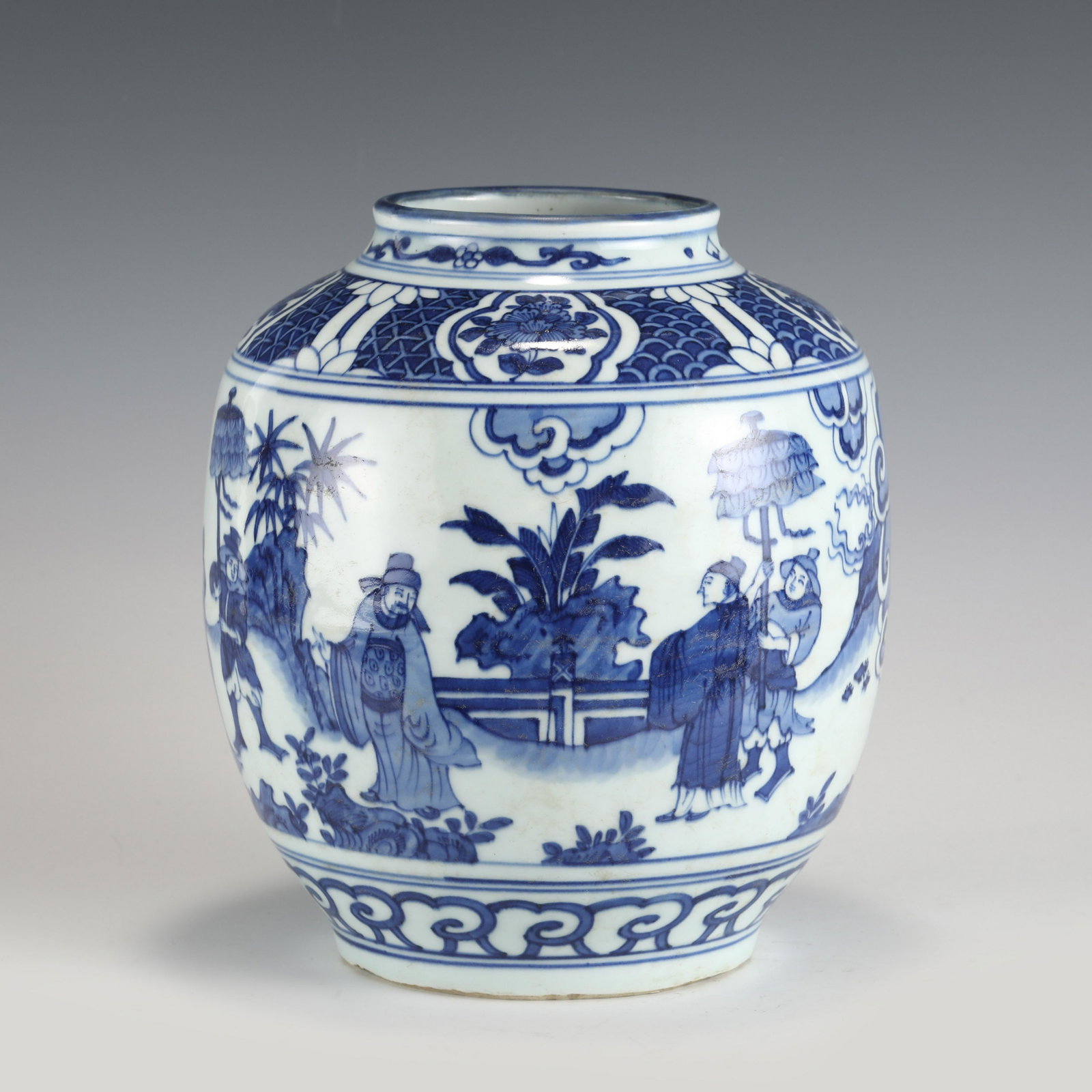 MING BLUE & WHITE FIGURIAL JAR: Measurements: Height: 23 cm, Diam: 20cm Chinese Ming Dynasty Blue and White Porcelain Jar. Potted with a large cylinder vessel, jar shape, globular ovoid belly, flaring round mouth rim, short neck and