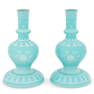 PAIR SGRAFITTO FLORAL TURQUOISE GLAZED CANDLE HOLDERS