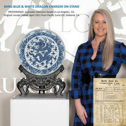 MING BLUE & WHITE DRAGON CHARGER ON STAND