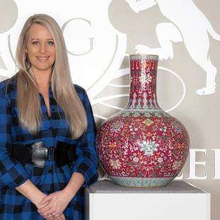 CHINESE FAMILLE ROSE CELESTIAL RUBY RED VASE: Measurements: Width: 41.2 cm, Height: 56.2 cm Chinese Famille Rose Porcelain Celestial vase. Potted in celestial shape vase, thick and tall, globular lower body, cylindrical neck, close mouth rim, rai