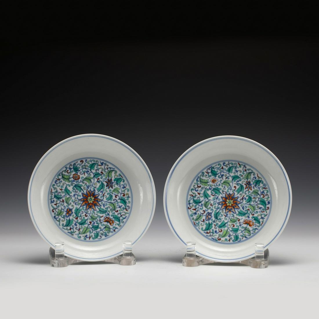 PAIR YONGZHENG DOUCAI FLOWER PLATES (1 of 9)