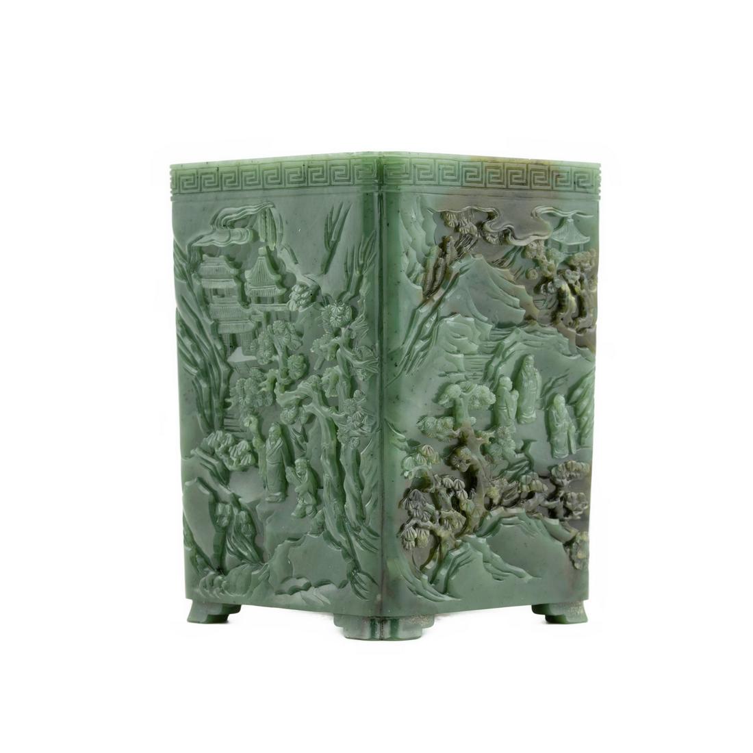 CARVED CHINESE GREEN JADE SQUARE BRUSH POT ON (1 of 9)