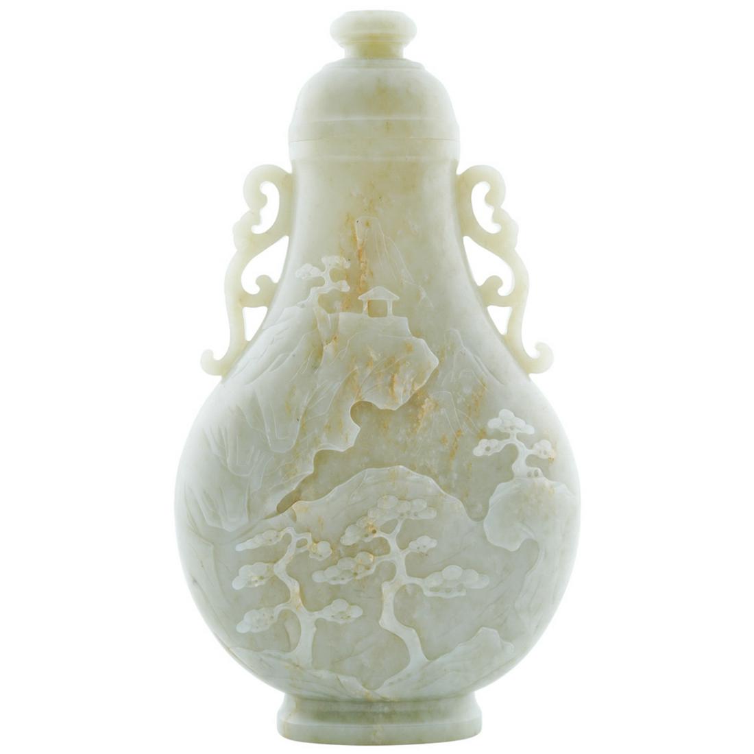 A WHITE JADE CARVED LANDSCAPE RELIEFS LIDDED VASE (1 of 3)