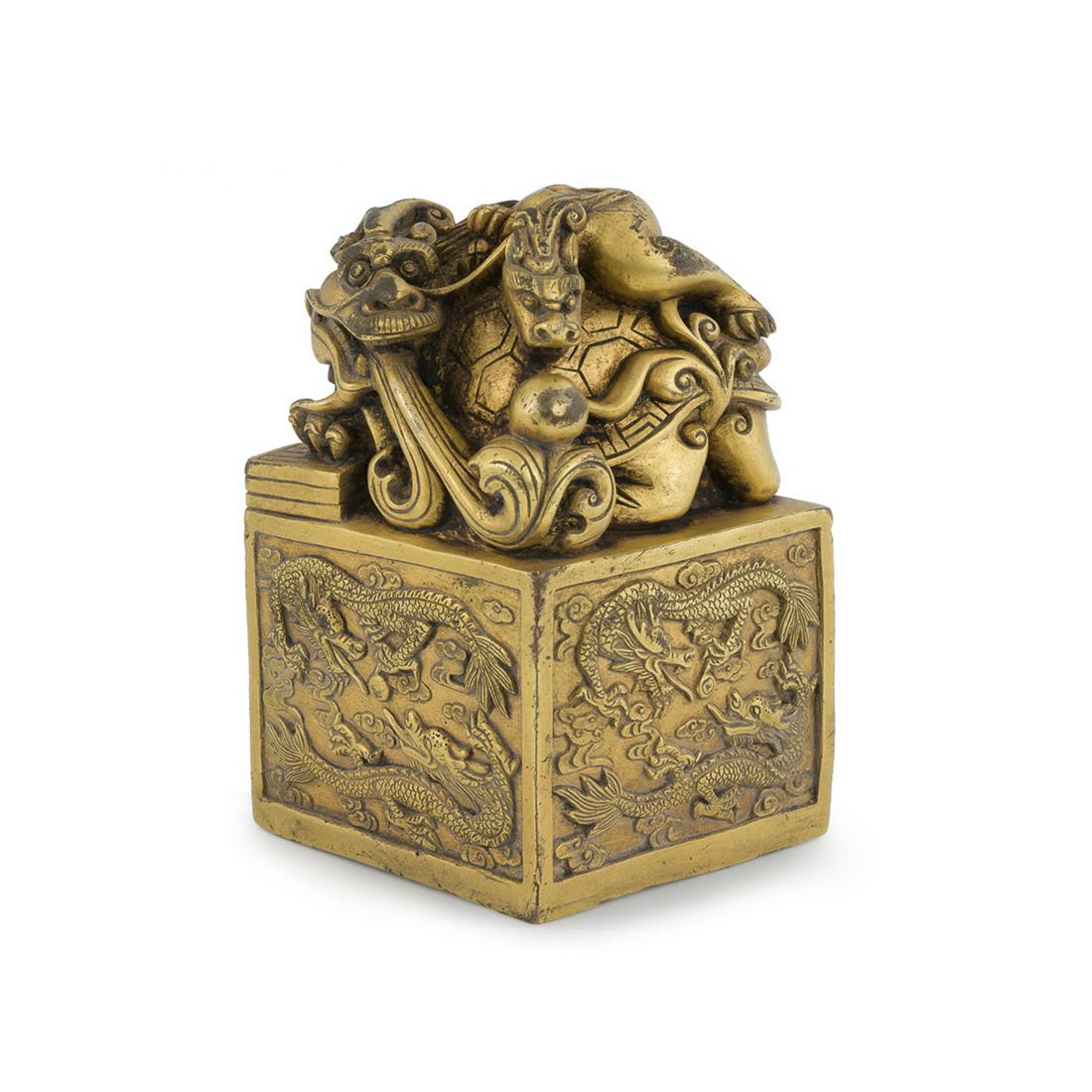 FU DOG & TURTLE DRAGON GILT BRONZE SEAL (1 of 5)