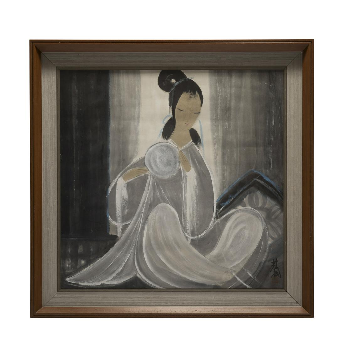 Framed Lin FengMian Female in white Dress Painting (1 of 4)