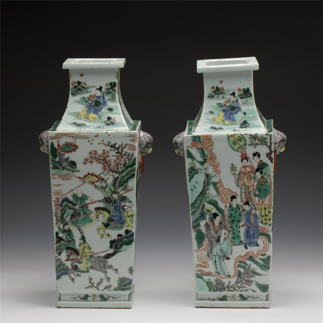 PAIR OF QING KANGXI FAMILLE ROSE SQUARE VASES (1 of 14)