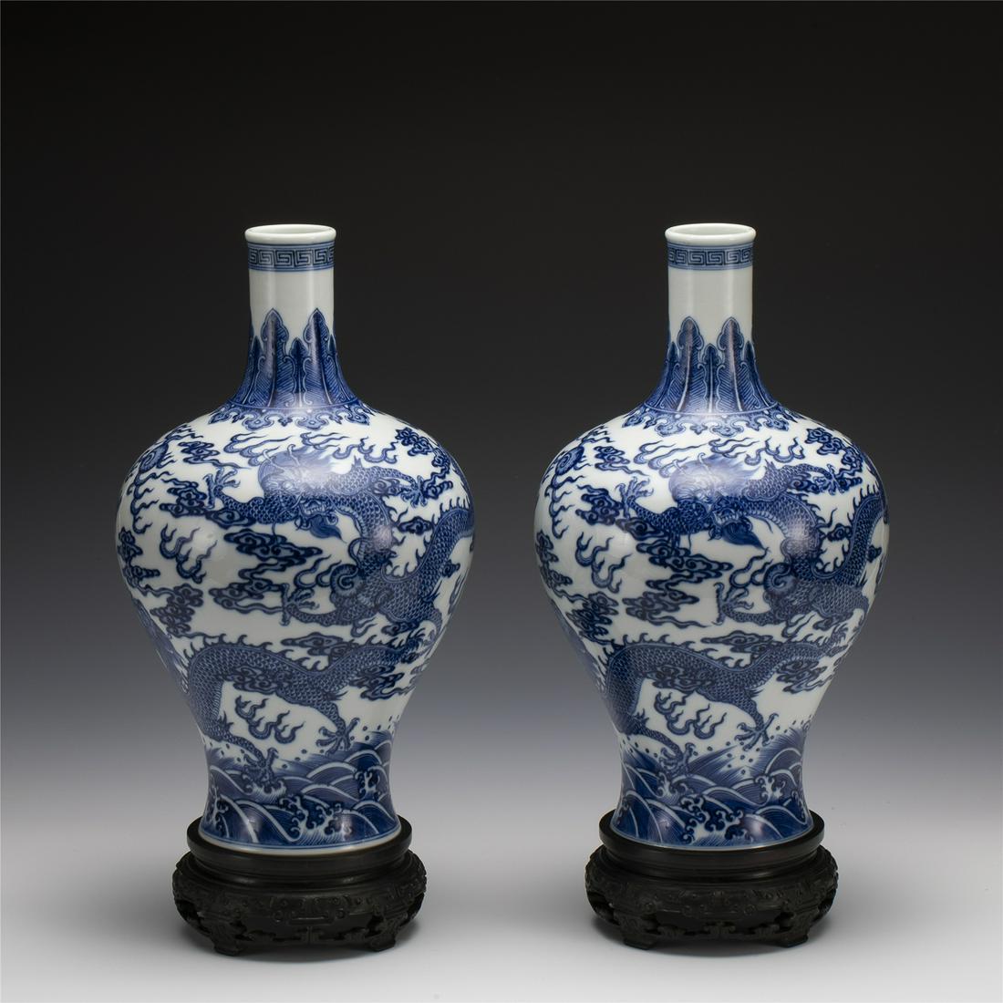 QING YONGZHENG BLUE & WHITE DRAGON VASES ON STAND (1 of 12)