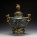 QING DRAGON EARS GILT BRONZE CLOISONNE TRIPOD INCENSE BURNER