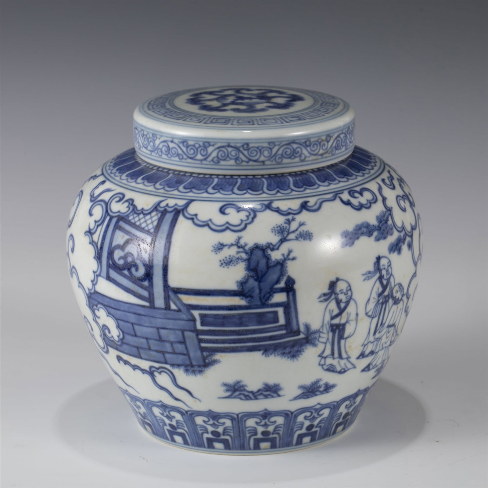 MING CHENGHUA BLUE & WHITE JAR: Length: 15.8 cm, Width: 15.8 cm, Height: 14.8cm Chinese Ming Dynasty Blue and White Porcelain Jar. Potted with a large cylinder vessel, having thick and tall potted body, slight ovoid belly, heavy on 