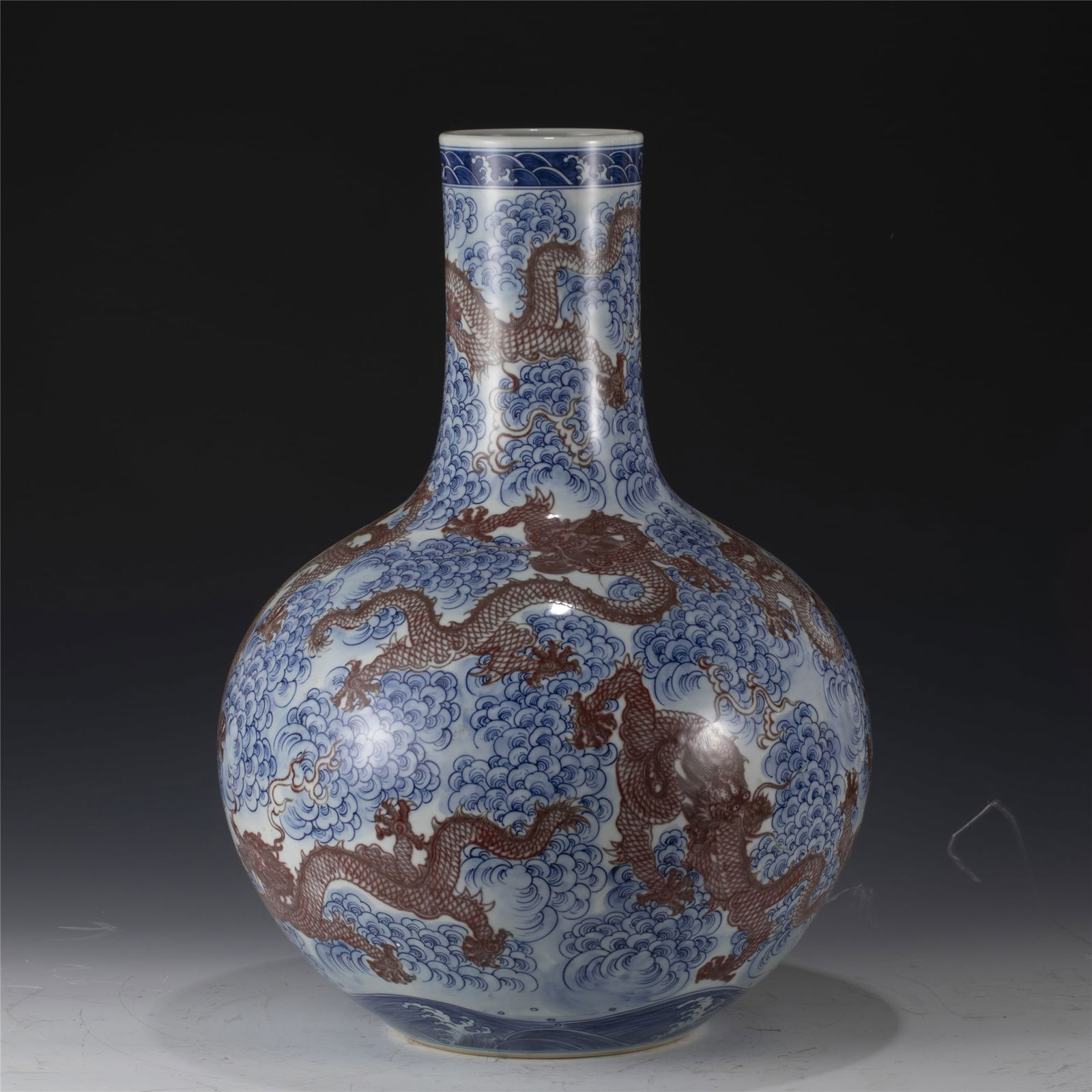 QING YONGZHENG BLUE & WHITE UNDERGLAZE RED CELESTIAL SPHERE VASE (1 of 10)