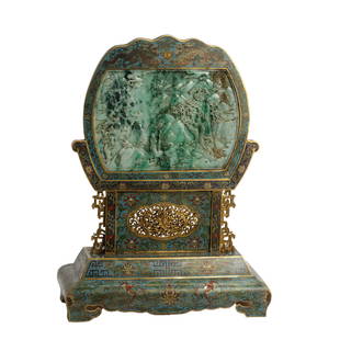 JADEITE INLAID GILT BRONZE CLOISONNE TABLE SCREEN: Measurements: Length: 37cm, width: 19cm, Height: 49cm Within a cloisonne enamel frame, a carved jadeite panel depicting figure among landscape, surrounded with leafy lotus scrolls against turquoise