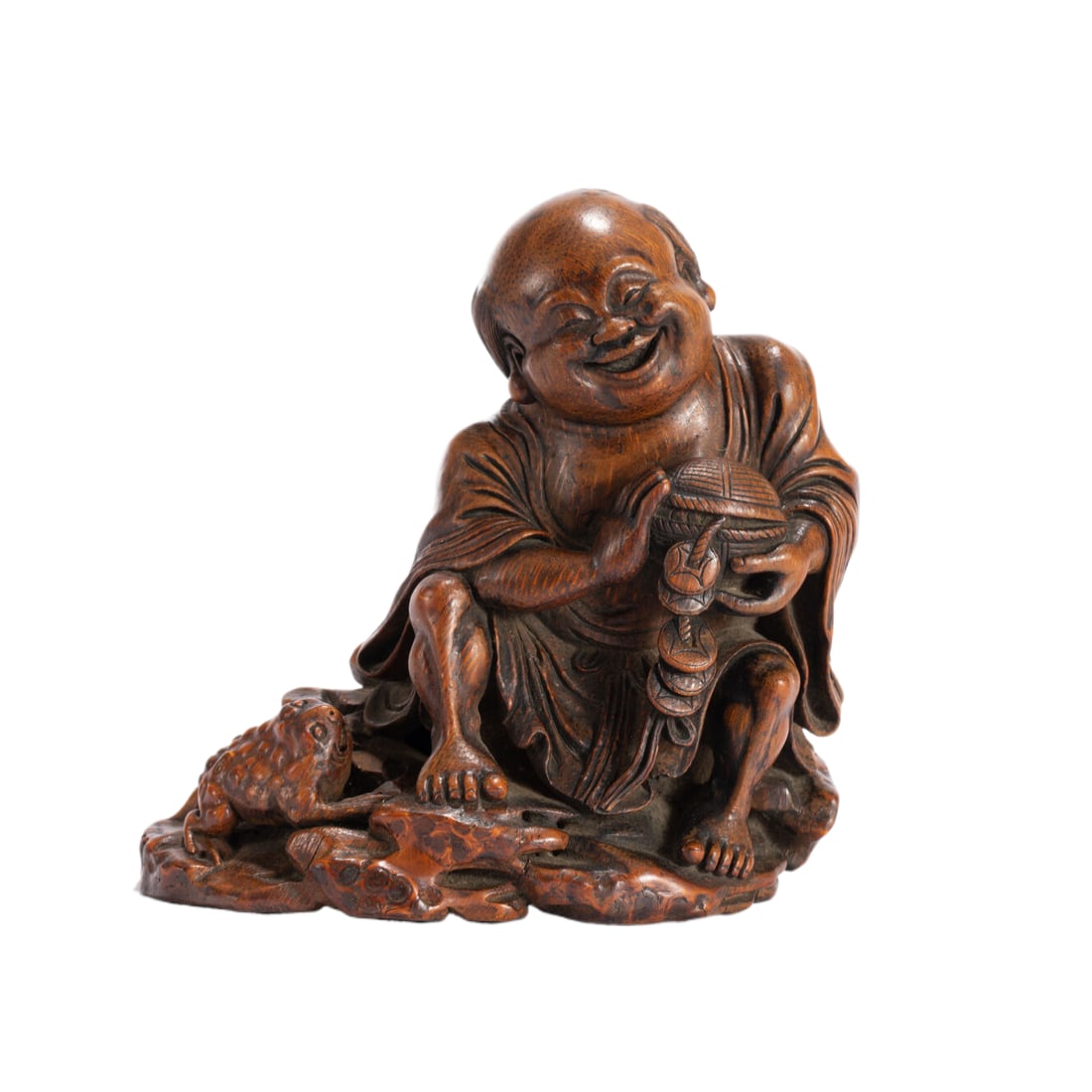 CARVED BAMBOO LUOHAN STATUE: Measurements: Length: 14cm, width: 11cm, Height: 14cm, Weigth: 360g The golden toad with Liuhai is a classic theme of bamboo carving in the Ming and Qing dynasties, which means that money is prosperou