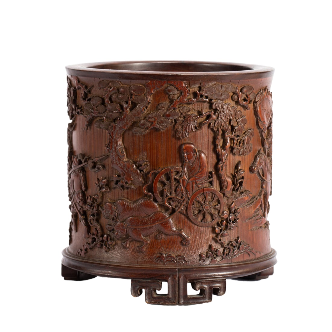 CARVED BAMBOO RELIEFS BRUSH POT ON STAND: Measurements: Length: 18cm, width: 17cm, Height: 18.5cm, Weigth: 820g The bamboo brush pot is thick, the skin color is dignified, and it has ancient interest. The outer wall relief character story pat