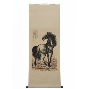 XU BEIHONG HORSE SCROLL PAINTING: Dimensions: (Sight Only/Painting View Only)Width: 67.5 cm, Height: 111 cm Xu Beihong Horse Chinese Traditional Scroll Painting