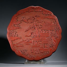 EXQUISITELY CARVED RED - LACQUER CIRCULAR PLATE WITH LANDSCAPE PATTERNS