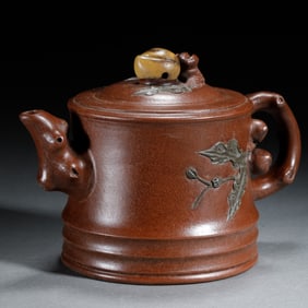 PURPLE CLAY TEAPOT WITH TREE - LIKE DESIGN AND AUSPICIOUS DECORATION