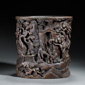 RED SANDALWOOD BRUSH POT WITH LANDSCAPE AND FIGURE CARVINGS