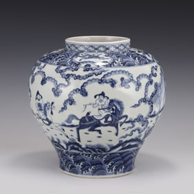 BLUE & WHITE FIGURIAL LANDSCAPE JAR