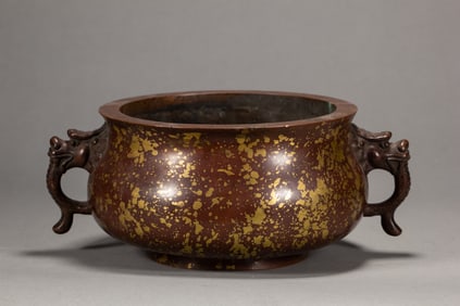 BRONZE INCENSE BURNER WITH BEAST - SHAPED HANDLES AND SPRINKLED - GOLD DECORATION