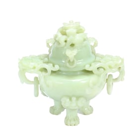 JADE - CARVED INCENSE BURNER WITH DRAGON HANDLES