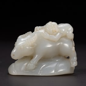 JADE - CARVED ORNAMENT OF BOY HERDING A COW