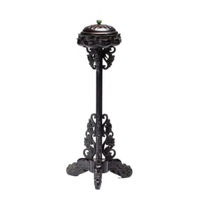 DARK - WOOD INCENSE BURNER WITH JADE ORNAMENT AND LOTUS - DESIGN LID