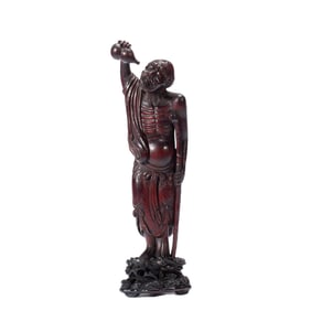 ARTISTIC WOOD - CARVED ARHAT STATUE WITH GOURD AND STAFF