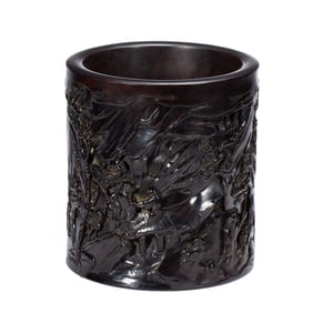 A WOODEN - CARVED BRUSH POT