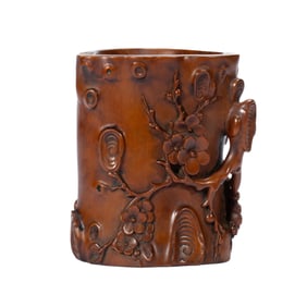 A WOODEN - CARVED BRUSH POT WITH PLUM BLOSSOM PATTERNS
