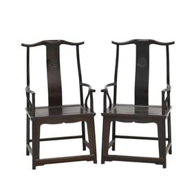 ANTIQUE PAIR ZITAN CARVED OFFICER HAT ARM CHAIRS