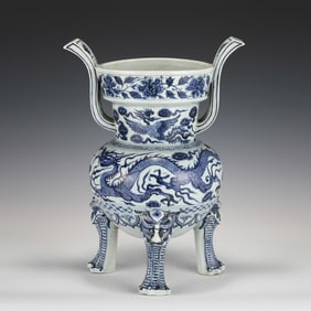 YUAN BLUE & WHITE TRIPOD INCENSE BURNER