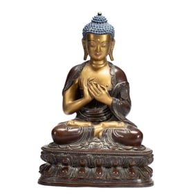 EXQUISITE BRONZE - GILT BUDDHA STATUE ON LOTUS PEDESTAL