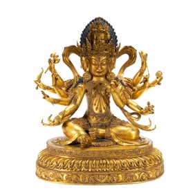 GILDED BRONZE BUDDHIST FIGURE ON LOTUS PEDESTAL