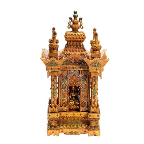 GILDED - BRONZE BUDDHIST SHRINE WITH STATUE
